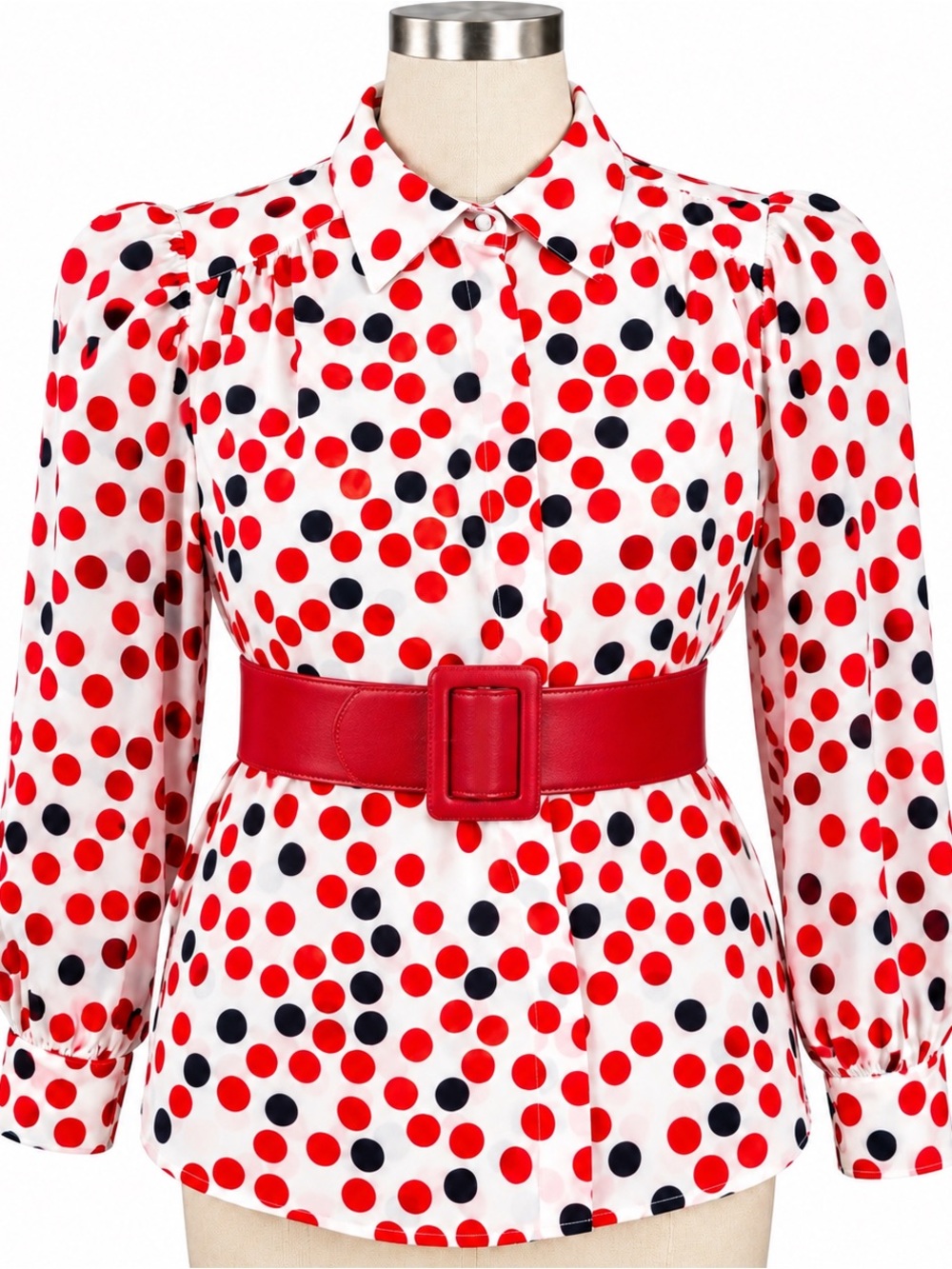 Vintage Red and Black Polka Dot Button-Front Blouse with Red Waist Belt